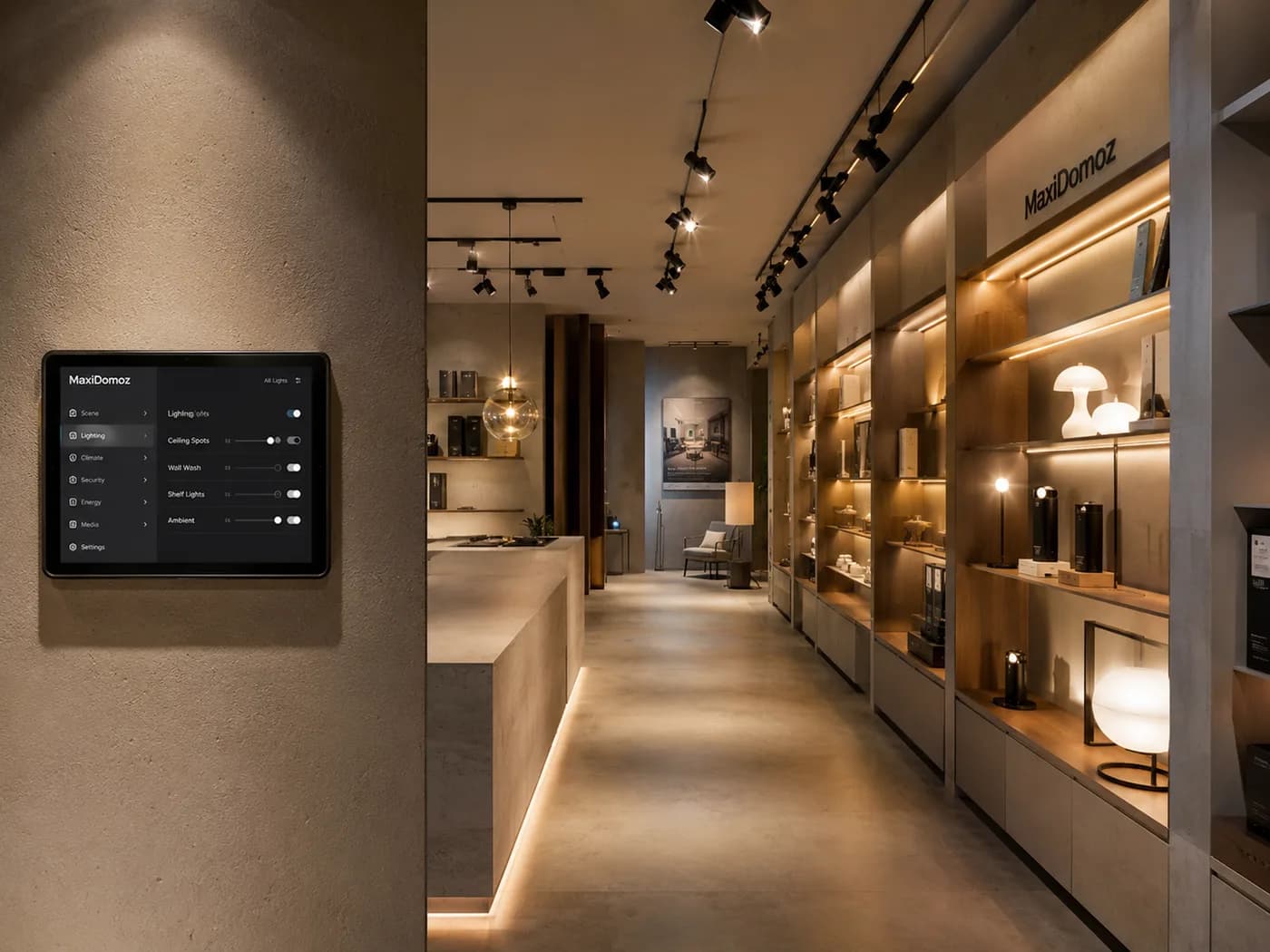 Exemple de showroom intelligent avec éclairage scénarisé et commande centralisée